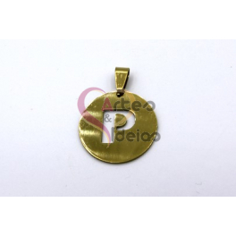 Pendente Aço Inox Medalha Redonda Letra P - Dourado (25mm)