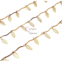 Corrente Aço Inox com Pendentes Folhas - Dourado [98cm]