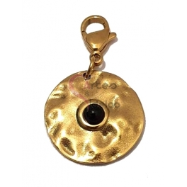 Pendente Aço Inox com Mosquetão Efeito Martelado Pedra Preta - Dourado (20mm)