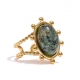 Anel Aço Inox Ajustável Oval Bolinhas Pedra Turquesa Verde - Dourado