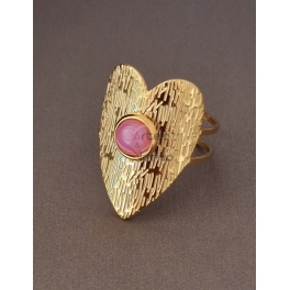 Anel Aço Inox Coração Irregular Pedra Rosa - Dourado